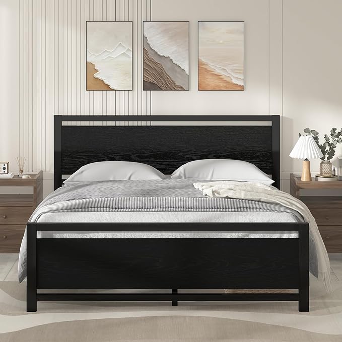 Queen Bed Frame with Headboard, Industrial Style Queen Size Bed Frames, Queen Size Bed Frame with Wooden Footboard, No Box Spring Needed, Noise-Free, Easy Assembly, Black