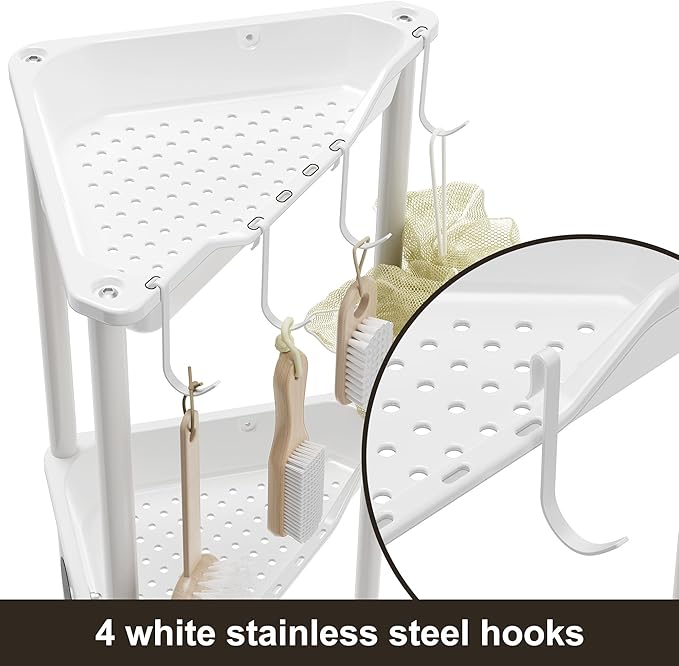 Orimade Rustproof 5 Tier Floor Standing Corner Shower Caddy Organizer, Plastic Metal Splicing Floor Corner Shelf Rack Stands for Bathroom, White