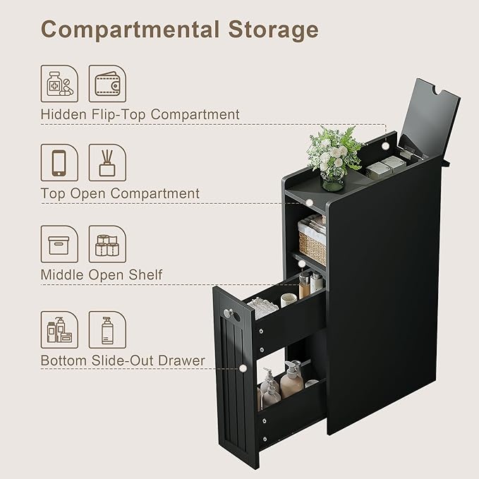 ChooChoo Slim Bathroom Storage Cabinet, Narrow Small Bathroom Organizer with Slide Out Drawer Storage, Toilet Paper Holder, for Small Spaces, Black
