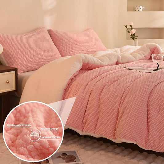 3D Jacquard Design Comforter Set, Ultra-Soft Warm Twin Size Sherpa Fur Plush 2-Pieces Sets Luxury Cozy Bedding with 1 Pillowcase (68"x90", Pink)