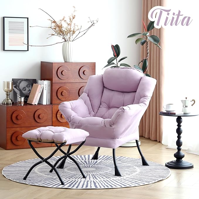 Tiita Lazy Chair with Ottoman, Modern Large Accent Lounge Armchair, Comfy Leisure Sofa Reading Chair with Footrest for Bedroom, Living Room, Dorm Rooms, Garden and Courtyard, Purple