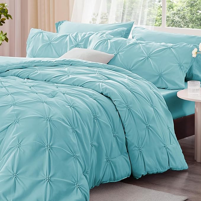 BEDELITE Macaron Blue Twin Comforter Set - 2 Peices Boho Pintuck Bedding Comforter Sets, Lightweight Soft & Warm Twin Bedding Sets with 1 Pillowcase for All Season