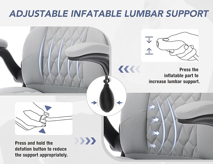 Office Chair with Adjustable Inflatable Lumbar Support,Leather Ergonomic Computer Desk Chair with Flip-up Arms,Adjustable Tilt Lock,Swivel Rolling Executive PC Chair for Work,Study,Meeting.Grey