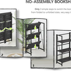 4NM No Assembly Folding Bookshelf Storage Shelves 3 Tiers Vintage Bookcase Standing Racks Study Organizer Home Office (Gray Black)