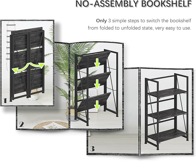 4NM No Assembly Folding Bookshelf Storage Shelves 3 Tiers Vintage Bookcase Standing Racks Study Organizer Home Office (Gray Black)