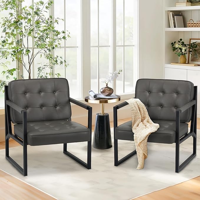 COLAMY Accent Chairs Set of 2, Modern Accent Arm Chairs for Living Room, Comfy Leather Armchairs with Metal Legs for Bedroom Reception Room, Grey