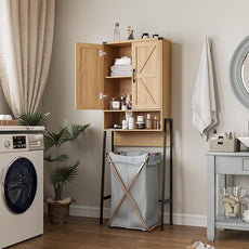 Over The Toilet Storage Cabinet with 2-Door Design Bathroom Organizers and Storage with Anti-Tip Device Over Toilet Organizer with Shelves for Bathroom,Restroom,Laundry Natural