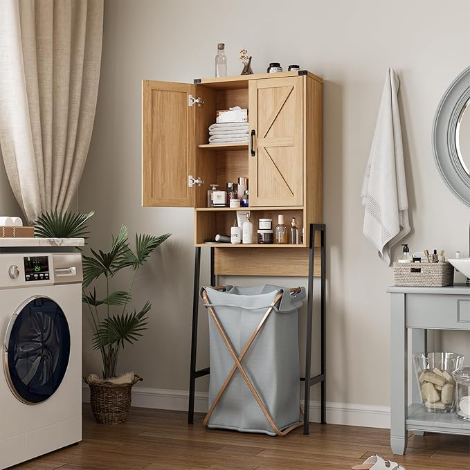 Over The Toilet Storage Cabinet with 2-Door Design Bathroom Organizers and Storage with Anti-Tip Device Over Toilet Organizer with Shelves for Bathroom,Restroom,Laundry Natural