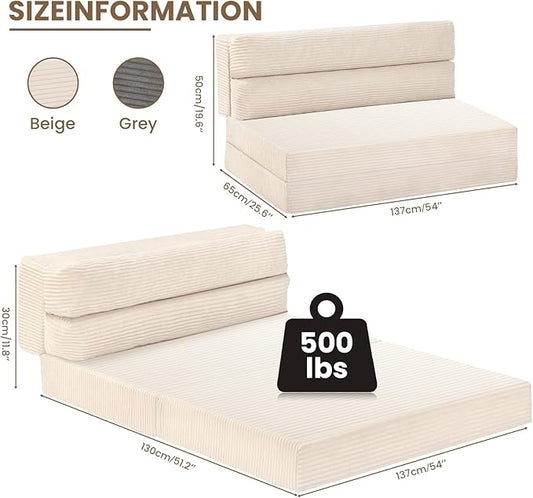 Folding Sofa Bed, Convertible Sleeper Chair with Pilow Foldable Matress, 2 in 1 Pull Out Loveseat Sofa Portable Fold Out Chair Bed Floor Couch Lounge for Living Room Bedroom (Beige, Full)