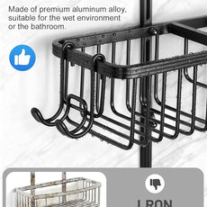 Adjustable Shower Caddy Hanging for Handheld Showerheads - Never Rust Shower Hanging Organizer, Upgraded Bathroom Shower Rack with Soap Basket, Hooks and Toothbrush Holder (Black)