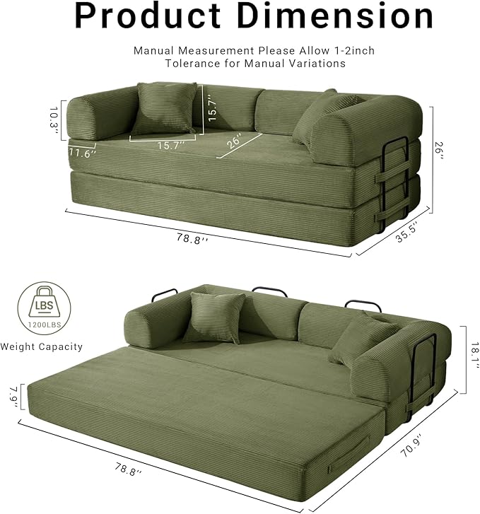 Compressed Sofa, Convertible Sofa Bed, Corduroy Compression Boneless Couch with Pillow, Comfy Modular Foldable Floor Sleeper Sofa for Bedroom, Living Room, Lounge, Studio (Green)