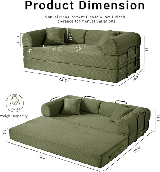 Compressed Sofa, Convertible Sofa Bed, Corduroy Compression Boneless Couch with Pillow, Comfy Modular Foldable Floor Sleeper Sofa for Bedroom, Living Room, Lounge, Studio (Green)