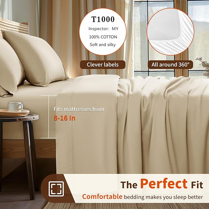 LBRO2M 1000 Thread Count 100% Egyptian Cotton Sheets Set King, 4 Piece Sets Bed Sheet Deep Pocket Sheet Set 16" Soft Comfortable All Season (King, Linen)