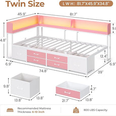 VIAGDO Corner Bed Frame with Storage Bookcase and 6 Drawers, Twin Metal Platform Corner Bed Frame with LED Lights and Charging Station, Twin Daybed for Kids Teenagers, Pink