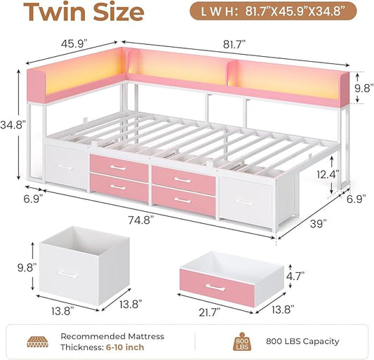 VIAGDO Corner Bed Frame with Storage Bookcase and 6 Drawers, Twin Metal Platform Corner Bed Frame with LED Lights and Charging Station, Twin Daybed for Kids Teenagers, Pink