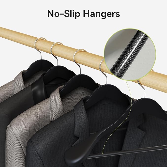Solid Wood Suit Hangers, 10 Pack, Coat Hangers with Non Slip Trouser Bar, 360° Swivel Hook, Heavy Duty Wide for Suit, Coat, Jacket, Trousers, Pants,17.3" W x 9" H, Black AWY0410B