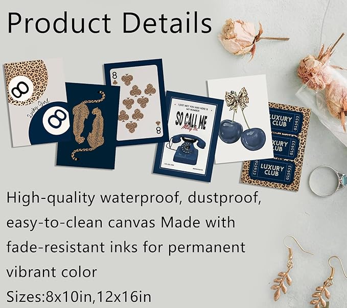 6Pcs Navy Blue Trendy Leopard Canvas Wall Art Fashion Lucky 8 Ball Painting pictures Preppy Y2K Aesthetics Wall Decor Trend Cheetah Prints Artwork for College Dorm Home Decoration 8x10in Unframed