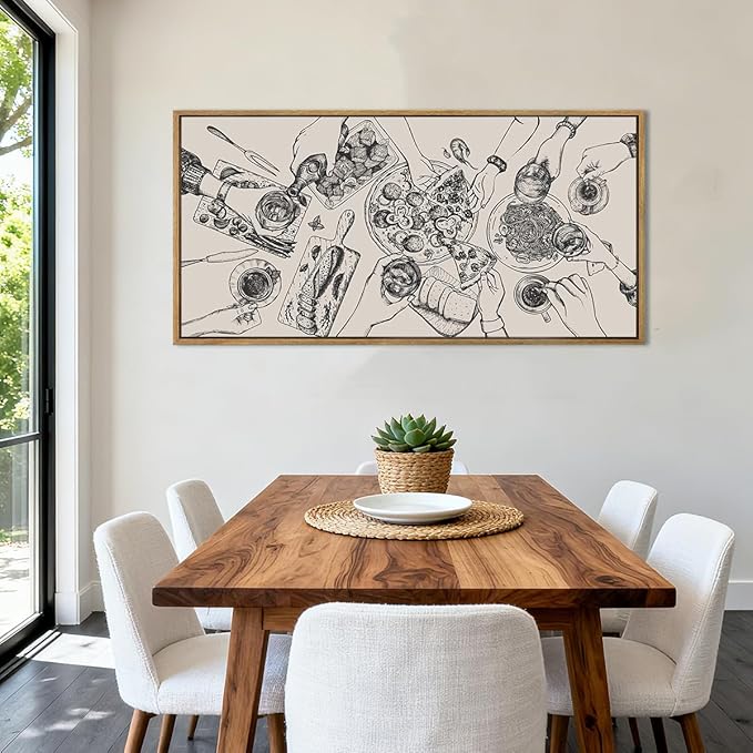 BINCUE Large Framed Wall Art Food and Drink Canvas Wall Decor Pizza Cheers Sketch Painting Retro Canvas Wall Art for Kitchen Dining Room Restaurant Used for Gatherings Decor