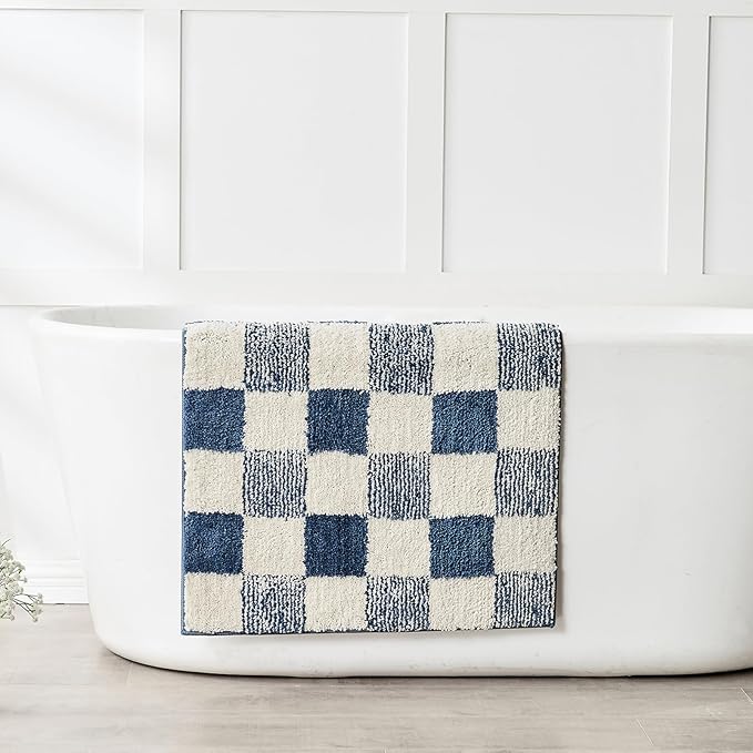 CozeCube Bath mats for Bathroom Non Slip, Fluffy Absorbent Microfiber Bath mat Washable, Aesthetic Bathroom Rugs, Cute Navy Blue Checkered Bath mat, Navy Blue, 32" x 20"