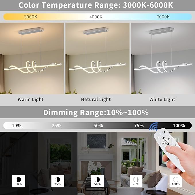 Modern Pendant Light Kitchen Island 47in Dimmable Hanging Lamp 3000k-6000K Adjustable Warm/Nautral/White with Remote Control, Kitchen Island Lighting Chrome Silver