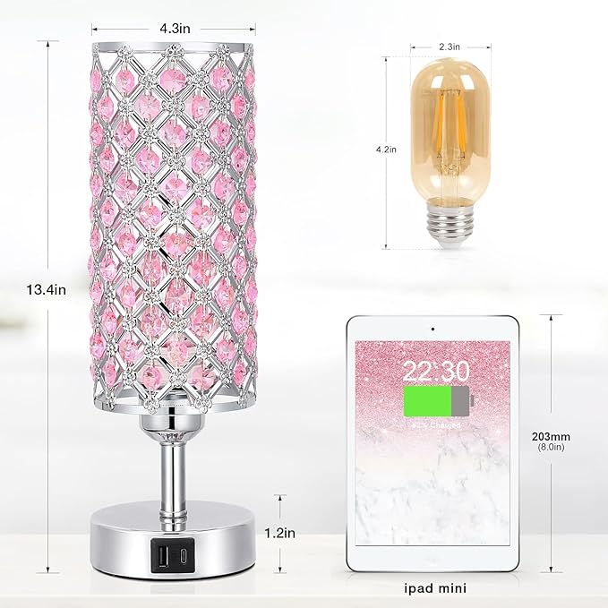 Crystal Table Lamp, Pink Touch Lamp with USB C+A Ports, 3 Way Dimmable Bedroom Light with Crystal Shade, Bedside Nightstand Small Lamp for Girl Bedroom, Living Room(Buld Included)