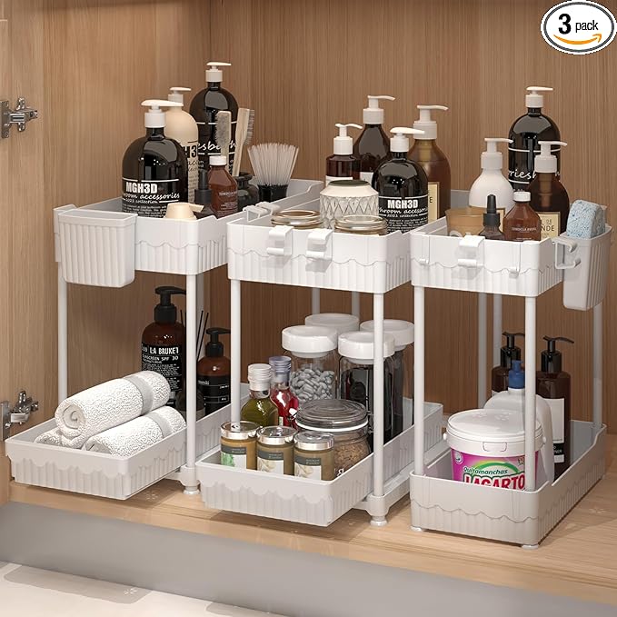 3 Pack Under Sink Organizers, 2-Tier Multi-Use Kitchen and Bathroom Organizers and Storage with Sliding Drawers，Bathroom Cabinet Organizer (White, 12.8 Inch)