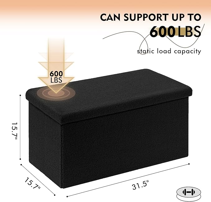 PINPLUS Folding Storage Ottoman Bench, Black Sherpa Ottoman for Living Room, Long Shoes Storage Chest Boxes Footrest Bench for Bedroom, Living Room, Entryway, 31.5Inches
