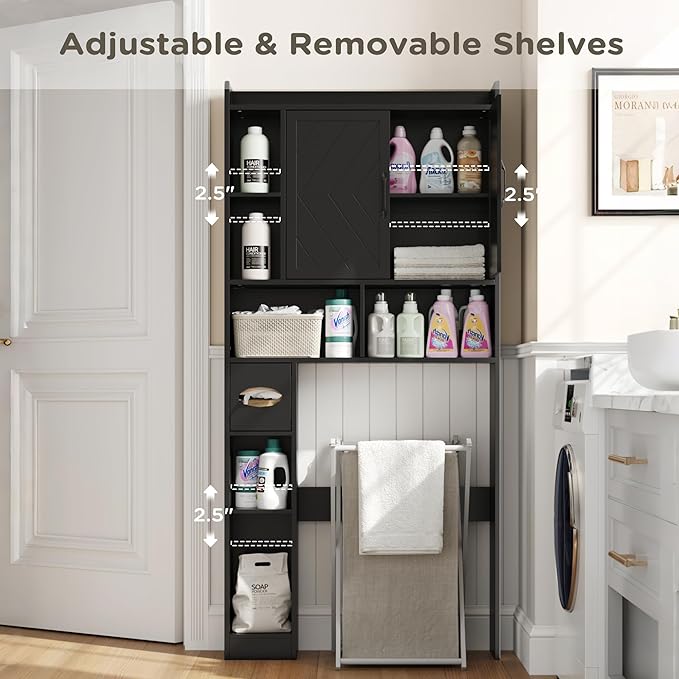 MHOM 67.8" H Over The Toilet Storage Cabinet with Adjustable Shelves & Toilet Paper Holder, Farmhouse Over Toilet Bathroom Organizer, Double Door Toilet Cabinet for Bathroom, and Laundry, Black