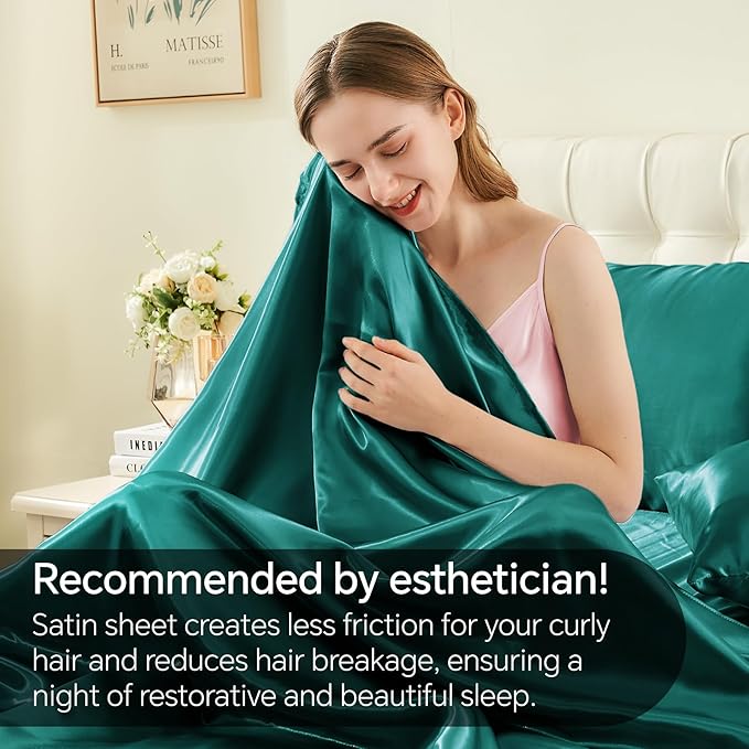 BEDELITE Satin Sheets Full Size Bed Set, Luxury Soft Teal Silky Sheet for Hair and Skin, Similar to Silk Bed Sheets Set 4 Pieces with 1 Deep Pocket Fitted Sheet, 1 Flat Sheet, and 2 Pillowcases