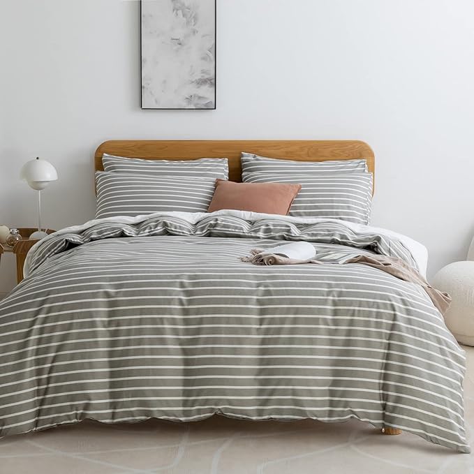 JELLYMONI Twin Duvet Cover Set, Cotton Duvet Cover 2 Pieces with Zipper Closure, 1 Duvet Cover and 1 Pillowcase(Gray with White Striped)