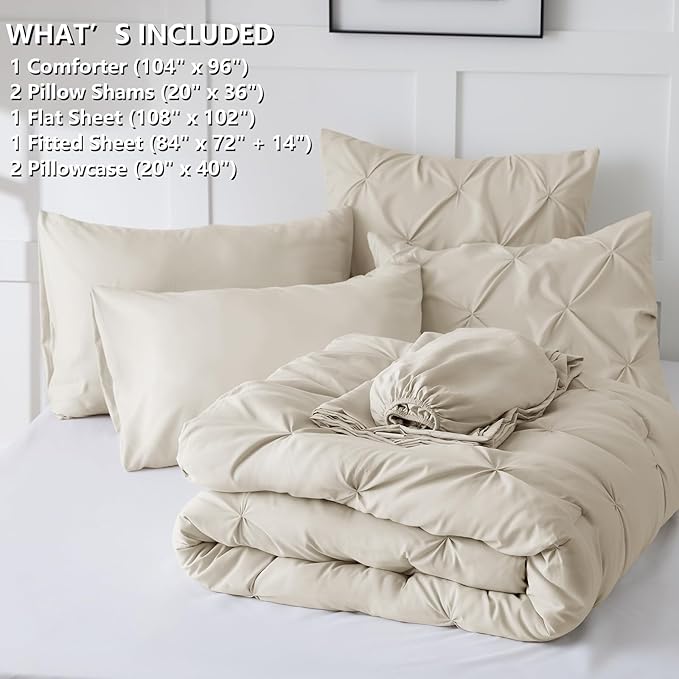 CozyLux California King Comforter Set Oatmeal - 7 Pieces Cal King Pintuck Bed in A Bag Gift for Family, Pinch Pleat Bedding Sets with All Season Comforter, Sheets, Pillowcases & Shams