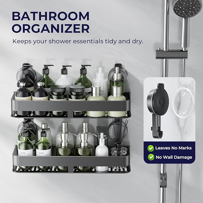 ONXE Shower Caddy Suction Cup,2 Pack Suction Shower Organizer,No Drilling Rustproof Shelves for Bathroom,Kitchen,Home Decor,Heavy Duty Bathroom Organizer with Large Capacity (15.7 inch-No bar)