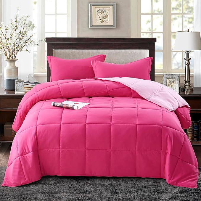 HIG 3pc Pink Twin/Twin XL Comforter Set - All Season Reversible Down Alternative Bedding Comforter - Quilted Duvet Insert with Corner Tabs - Box Stitched Blanket - Breathable, Soft, Fluffy