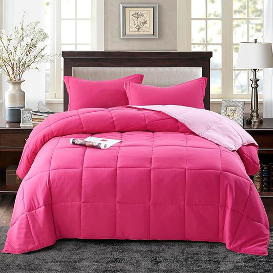 HIG 3pc Pink Twin/Twin XL Comforter Set - All Season Reversible Down Alternative Bedding Comforter - Quilted Duvet Insert with Corner Tabs - Box Stitched Blanket - Breathable, Soft, Fluffy