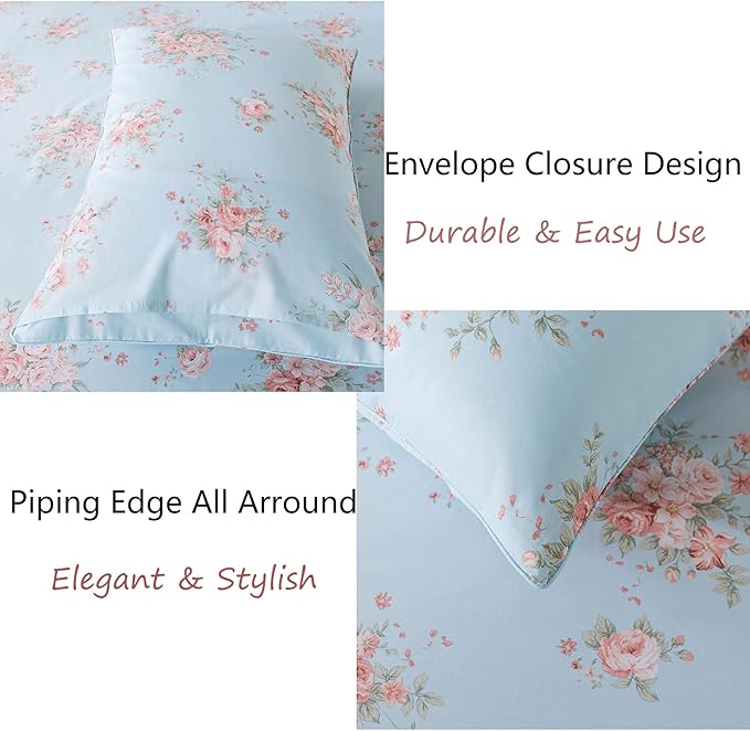 FADFAY Sheets Set King Blue Rose Floral Bedding Rustic Peony Flower Bed Sheet Set Vintage Farmhouse Bedding 100% Cotton Ultra Soft Breathable Beddings with Deep Pocket Fitted Sheet 4Pcs, King Size