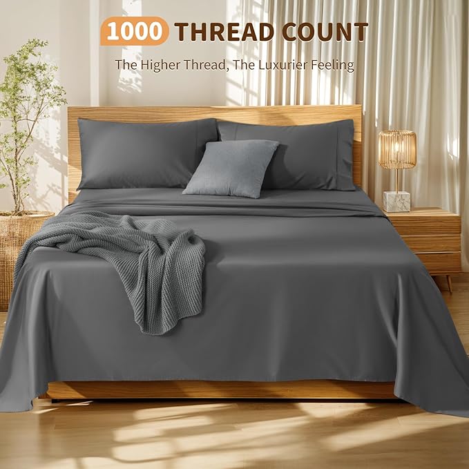 LBRO2M 100% Cotton Sheets Set Deep Pocket 19", 1000 Thread Count Queen Size 4 Piece Bed Sheet Sets Soft Comfortable Bedding All Season (Queen, Dark Grey) LBRO2MBedding