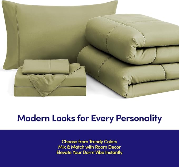 Dorm Room Essentials College Bedding Comforter Set 5 Piece Twin XL Size Bed in a Bag for College Students Boys and Girls, Twin XL, Sage Green