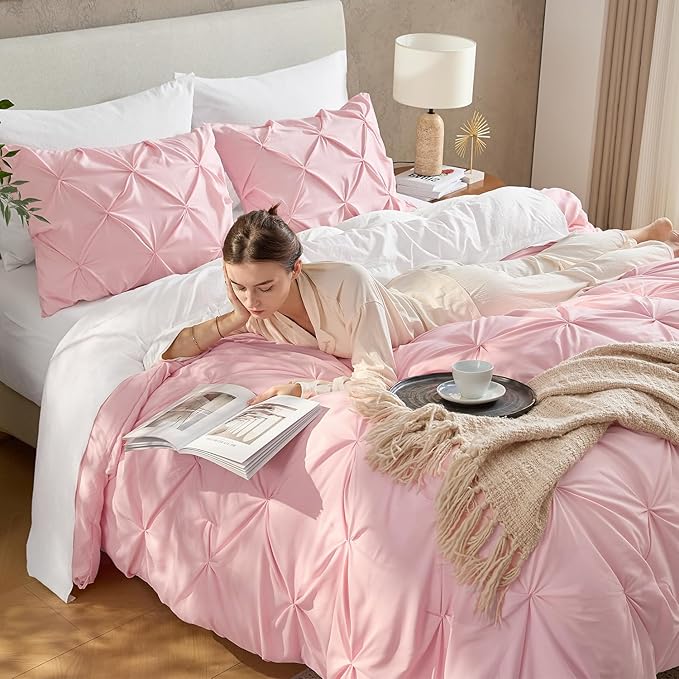 Andency Pink Twin Size Comforter Set (66x90Inch), 2 Pieces Soft Lightweight Cute Pinch Pleat Comforter Set for Kids Girls Teens, All Season Western Warm Down Alternative Bed Set for Dorm Bedroom