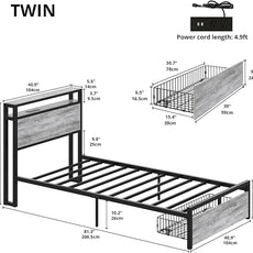 LIKIMIO Twin Bed Frames with Drawer, Storage Headboard with Outlets, No Box Spring Needed, Easy Assembly, Industrial Gray