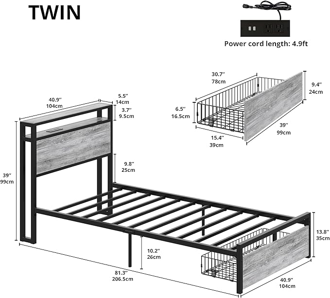 LIKIMIO Twin Bed Frames with Drawer, Storage Headboard with Outlets, No Box Spring Needed, Easy Assembly, Industrial Gray