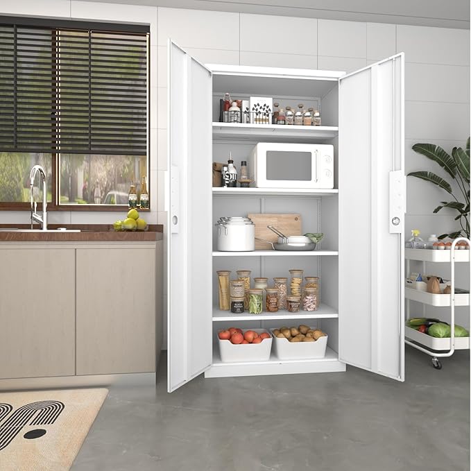72" Metal Storage Cabinet with Doors and Adjustable Shelves,Locking White Storage Cabinet with Lock,Office,Gym,School,Home