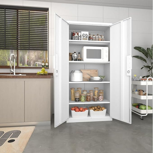 72" Metal Storage Cabinet with Doors and Adjustable Shelves,Locking White Storage Cabinet with Lock,Office,Gym,School,Home