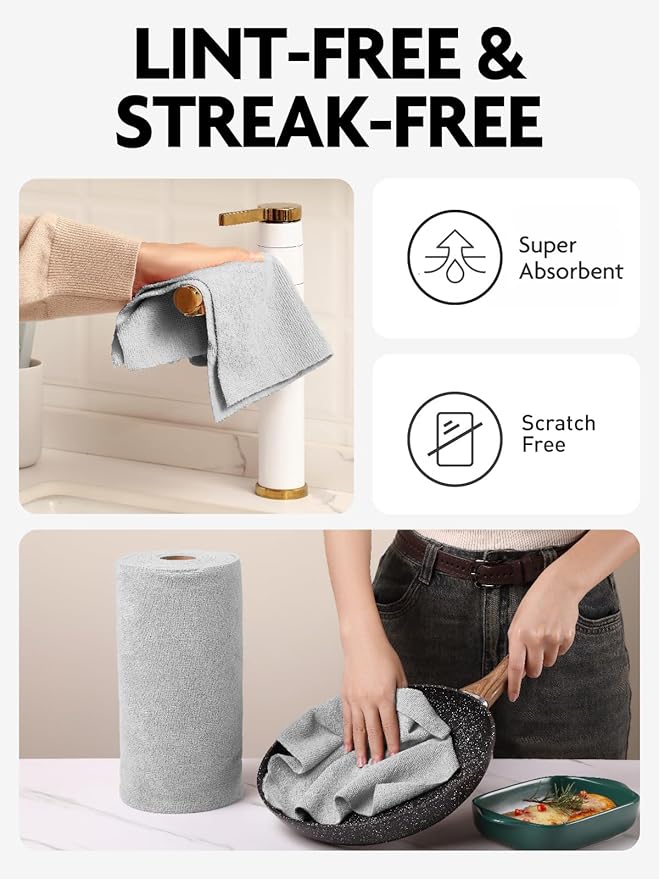 Fantasticlean Microfiber Cleaning Cloth Roll -75 Pack, Tear Away Microfiber Towels, 12" x 12", Reusable, Washable, Scratch Free, Ultra Absorbent Dishcloth for All-Around Cleaning Supplies (Grey)