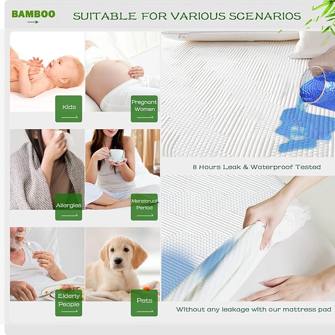 GRT Queen Waterproof Mattress Protector Rayon Bamboo - 3D Air Fiber Cooling Mattress Cover Breathable Ultra Soft, Mattress Pad Noiseless Fits up to 26'' Deep Pocket Washable