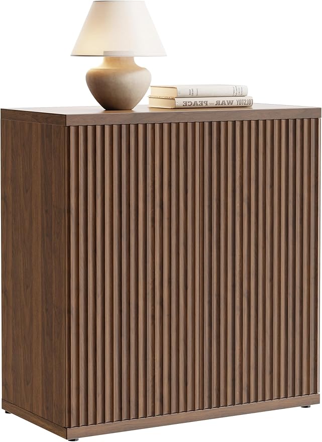 Fluted Buffet Cabinet Sideboard with Storage,Wooden Credenza with 2 Doors&Adjustable Shelve, Modern Accent Cabinets Coffee Bar Bookcase for Living Room,Kitchen Dining Room Entryway 15"D Brown