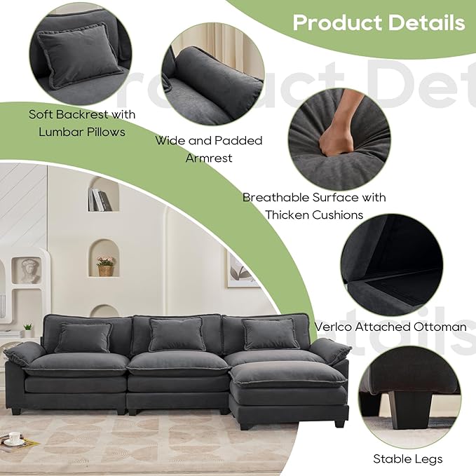 120" Modular Sectional Sofa, Comfy Cloud Couch Sectional Sofa with Ottoman, Velvet Sofa Sleeper Deep Seat Sofa with Throw Pillows for Living Room (Blue Gray, 120"- L Shape)