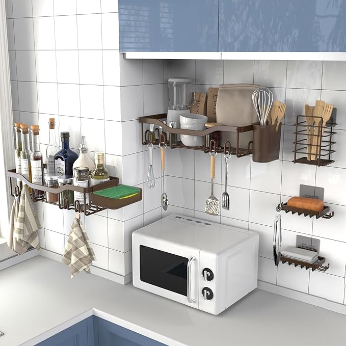 Shower Caddy Adhesive Shower Organizer 7-Pack, Rustproof Stainless Steel Bathroom Shelves, Large Capacity No-Drill Rack Storage Accessories with Soap Dish Toothbrush Holder Hooks (Brown)