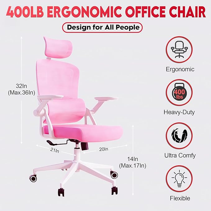 Ergonomic Office Chair - 400LB Comfy Desk Chairs with Adjustable Headrest and Lumbar Back Support, Mesh Computer Chairs with Wheels and Arms for Home Office, Study