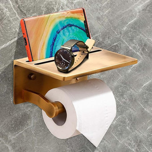 Toilet Paper Holder with Shelf, Aluminum Tissue Roll Dispenser with Mobile Phone Storage Shelf for Bathroom, 3M Self Adhesiv or Wall-Mounted with Screws, Antique Brass