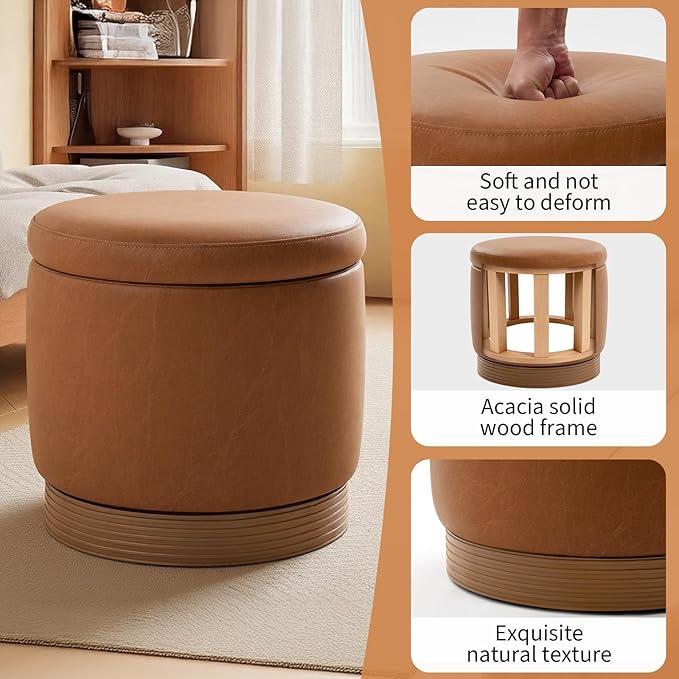 Round Storage Ottoman,Swivel Vanity Stool-Smooth Faux Leather Foot Rest,Footstool Pouf with Sturdy Acacia Wood Frame(500lbs),Small Coffee Table & Hidden Storage Ottoman for Living Room
